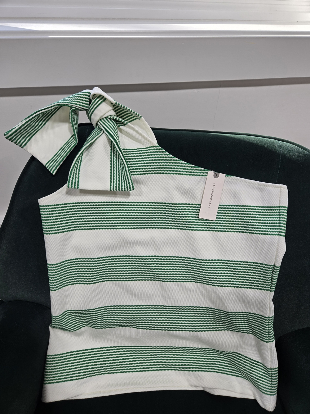 Anthropologie Green & White Striped One-Shoulder Top